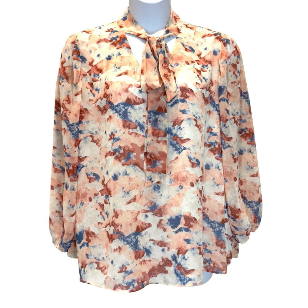 Women's Cato 2X Tie Bow Neck Long Sleeve Blouse Top Flowy Lined Pretty Pastels